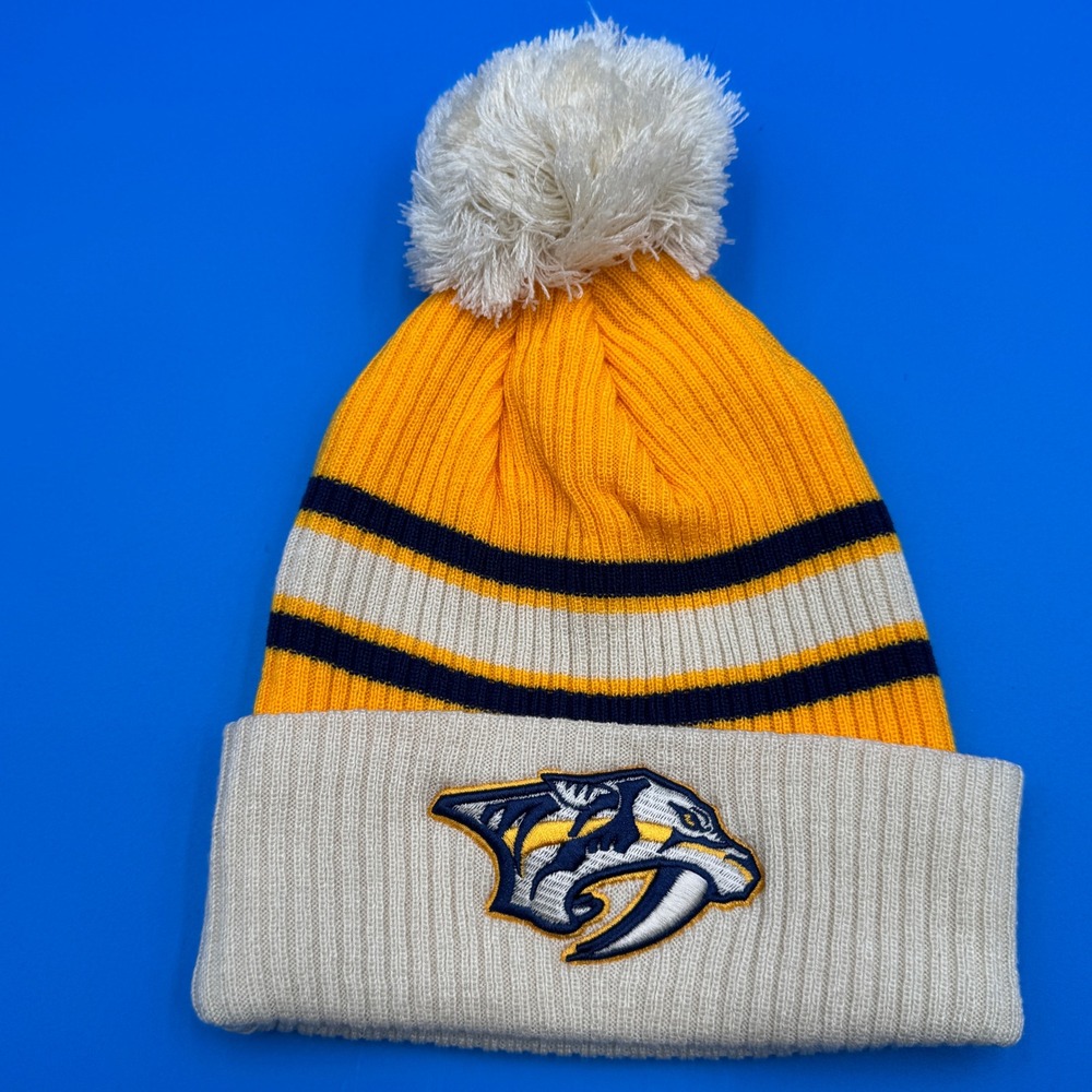 Nashville Predators NHL Fanatics Knit Pom Beanie Hat Yellow Blue‎ White